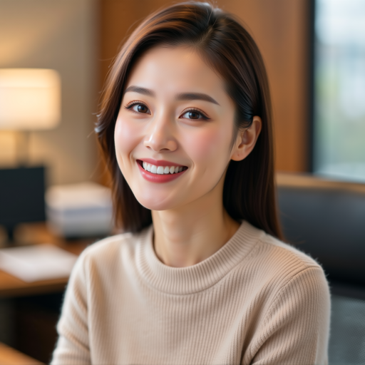 一位二十八岁左右的中国女老师，长发披肩，穿着粉色毛衣，笑容甜美，背景是活动区